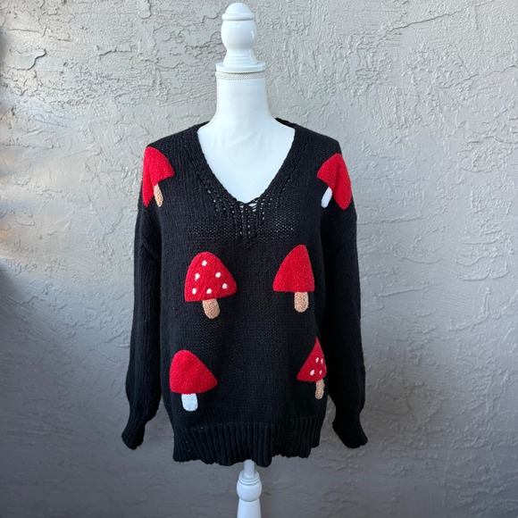 Sweaters - Mushroom Sweater V Neck Knit Black Pullover Cottagecore Whimsicalcore